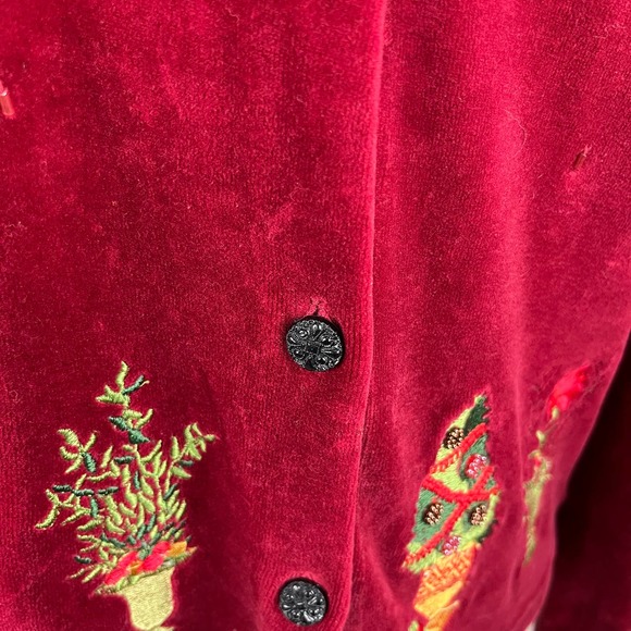 Susan Bristol Red Velour Ugly Christmas Sweater Cardigan Holiday Plants Trees - Picture 9 of 16